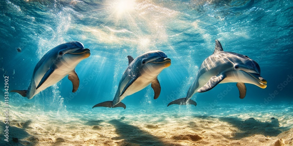 Obraz premium Underwater photography captures four playful dolphins in their natural habitat, showcasing the beauty and grace of these remarkable dolphins in stunning detail and vibrant colors.