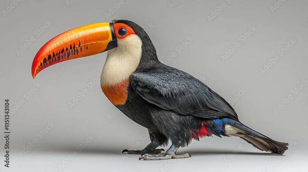 Naklejka premium A vibrant toucan with a large, colorful beak, perched on a neutral background.