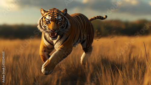 running tiger during mid-day in a grassfield with a low Angle 