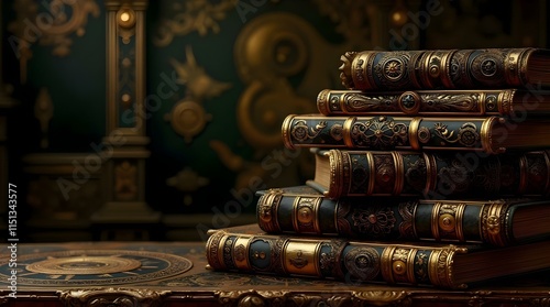 A stack of ornate, antique books with dark covers and elaborate gold detailing rests on an ornate table against a richly decorated, blurred background photo