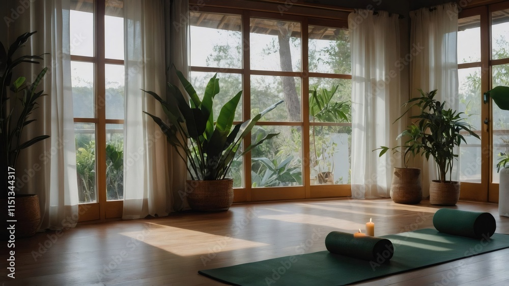 Tranquil minimalist room with yoga mat and cushions inviting to practice, surrounded by plants and natural light