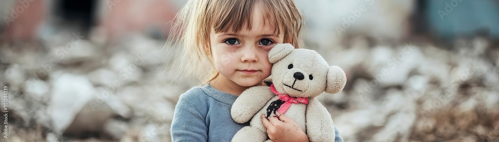 Child holding a burned stuffed toy amid nuclear ruins, nuclear bomb, heartbreaking loss Child holding a burned stuffed toy amid nuclear ruins, nuclear bomb, heartbreaking loss