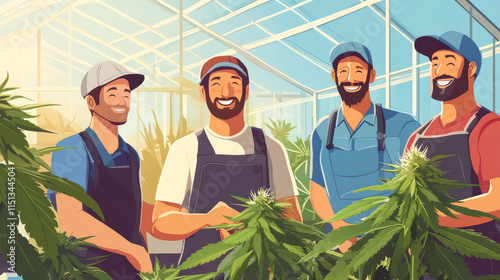 Group of gardeners smiling in greenhouse with cannabis plants, showcasing teamwork and dedication to cultivation. bright atmosphere enhances their joyful expressions