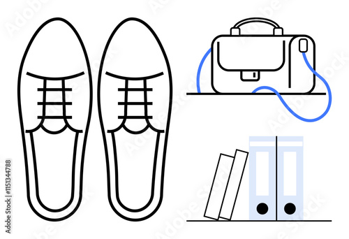 Pair of formal shoes, briefcase, and office folders symbolize professional life essentials. Ideal for corporate attire, work-life balance, office settings, business travel, organizational tools