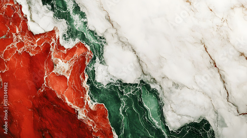 Red and white marble with green veins abstract background.