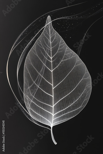 Delicate white leaf illustration with intricate lines on dark background, showcasing nature beauty and elegance. ethereal design evokes sense of tranquility and harmony
