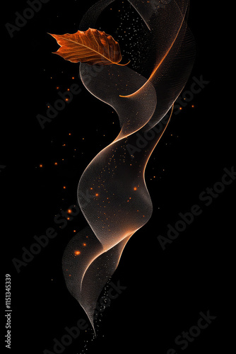 Abstract design featuring flowing lines and leaf, creating sense of movement and elegance. glowing elements add magical touch to composition