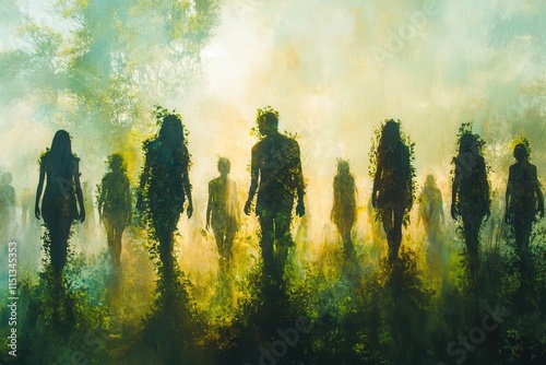 a healing scene of people interacting with nature, merging human figures with lush greenery, symbolizing the restorative power of the natural world, set in a vibrant outdoor environment