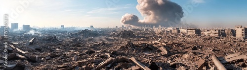 Cratered wasteland where a city once stood, nuclear bomb, silent destruction