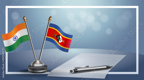 India and Swaziland National flags on small table with bokeh background, cooperative relationship