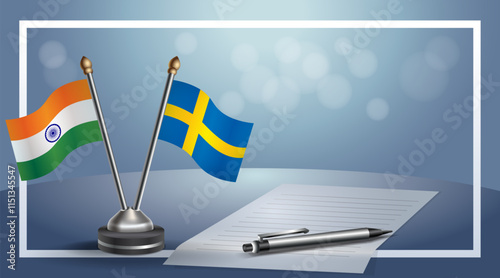 India and Sweden National flags on small table with bokeh background, cooperative relationship