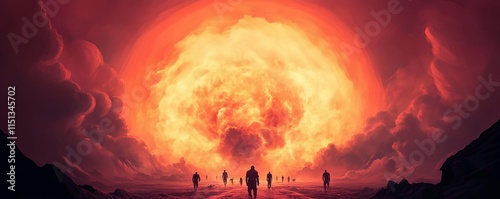 Digital artwork showing humanity fleeing a nuclear firestorm, nuclear bomb, imaginative dystopia photo