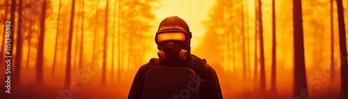 Gas-masked figure walking through a glowing, irradiated forest, nuclear bomb, eerie survival