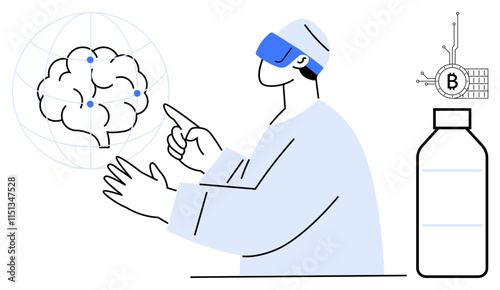 A person wearing a VR headset interacts with a digital brain. A Bitcoin symbol connected to a circuit and a medicine bottle are also visible. Ideal for healthcare innovation virtual reality brain