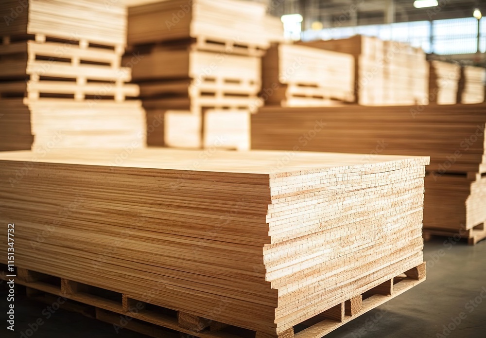 A large warehouse with many wooden planks stacked on pallets, ready for production in the furniture industry. A large warehouse with many wooden planks stacked on pallets, ready for production in the furniture industry.