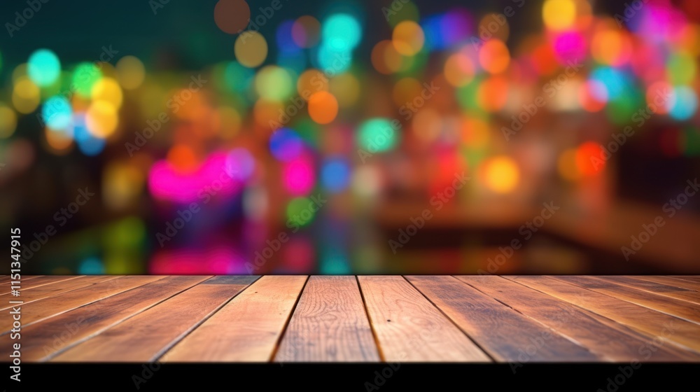 Wooden Table With Blurry Lights