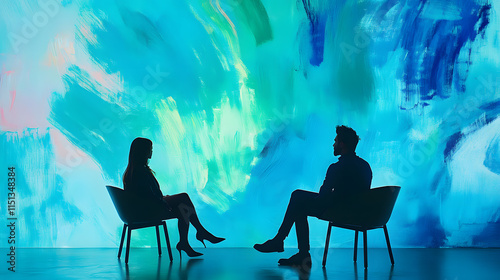 Two people engaged in a conversation against a vibrant abstract background in a creative space