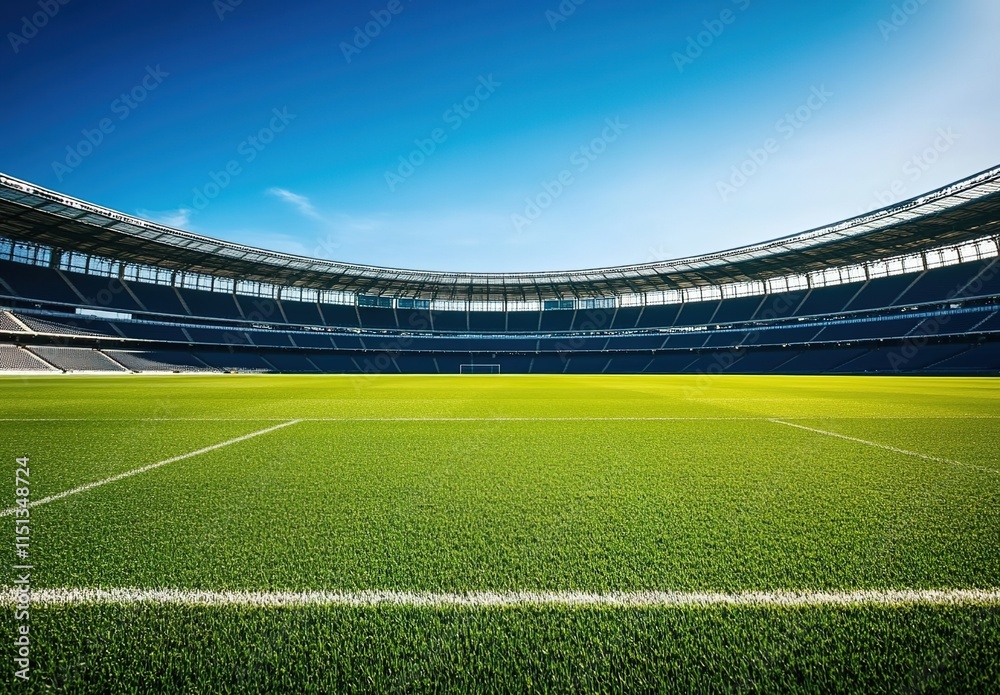 Fototapeta premium A large, empty football stadium with green grass and blue sky in the background. 