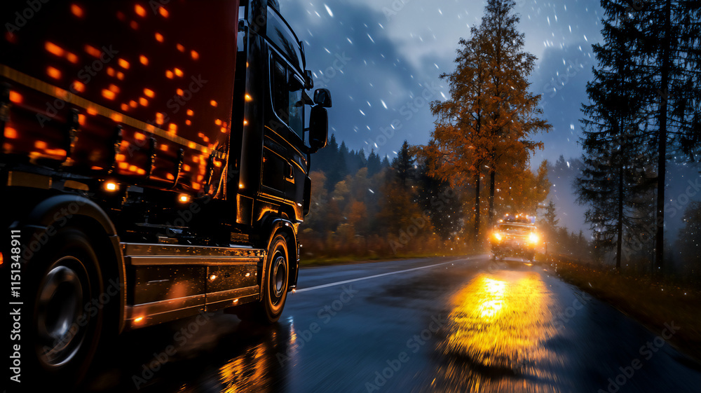 driving truck during fall on the road during midnight with a eye-level angle with side-lighting driving truck during fall on the road during midnight with a eye-level angle with side-lighting