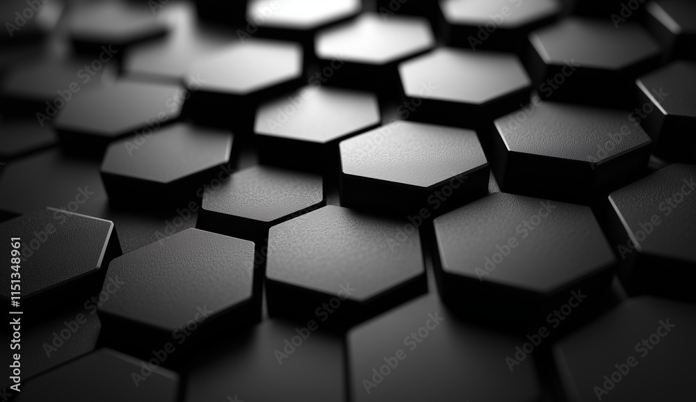 Close-up of a black hexagonal abstract pattern with depth and texture. Bold and minimal design concept. Close-up of a black hexagonal abstract pattern with depth and texture. Bold and minimal design concept.