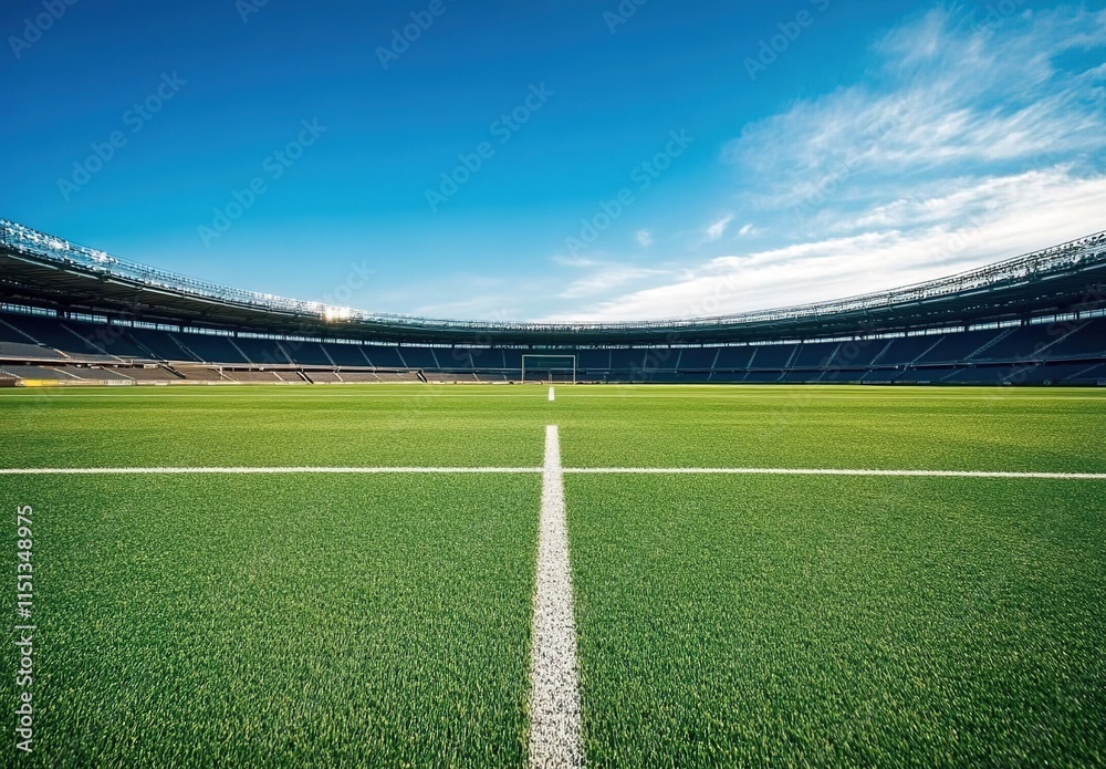Fototapeta premium A large, empty football stadium with green grass and blue sky in the background. 