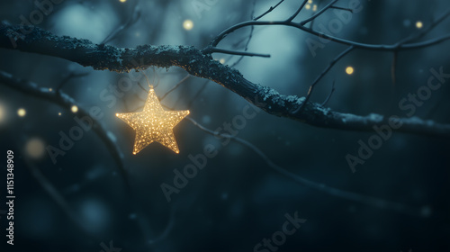 A tree branch illuminated by a festive star-shaped light.


