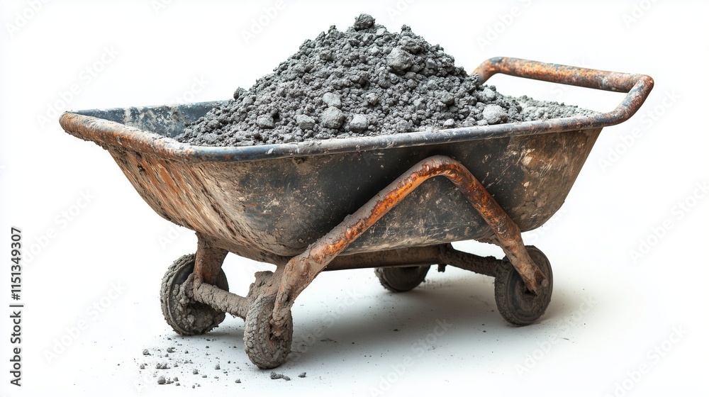 a heavy-duty wheelbarrow filled with concrete, isolated white background. a heavy-duty wheelbarrow filled with concrete, isolated white background.