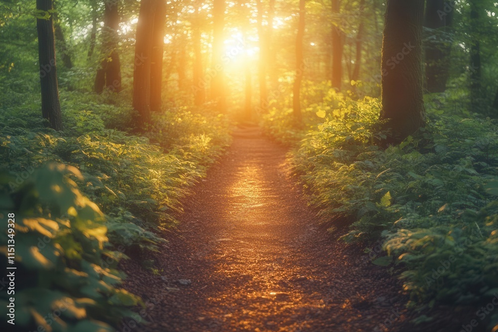 Fototapeta premium a serene forest path illuminated by dappled sunlight filtering through abundant green leaves, inviting a sense of exploration and connection with nature