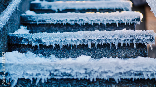 Ice-covered stone steps with icicles in winter