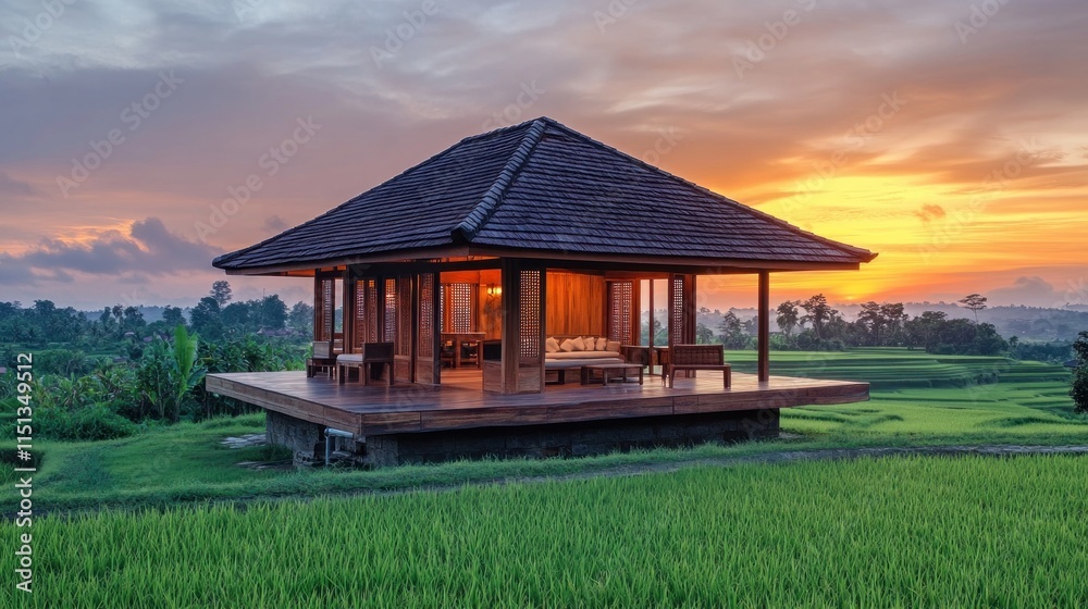 Sunset view of a wooden pavilion in rice paddy fields. Sunset view of a wooden pavilion in rice paddy fields.