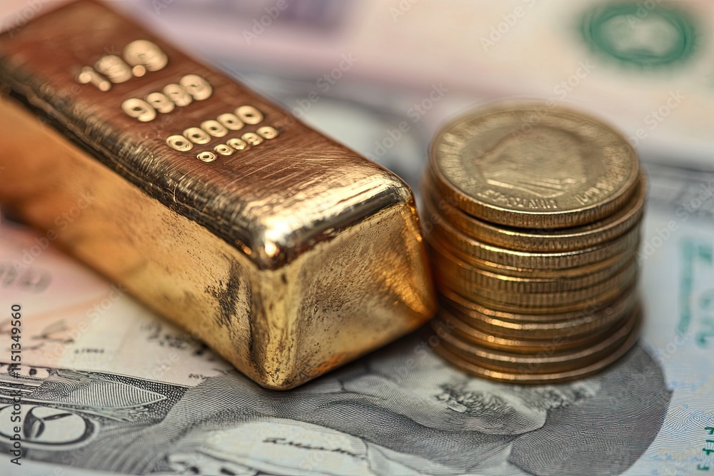 A gold bar rests against a stack of coins on a US dollar bill. Gold is a heavy commodity, a gold reserve, a store of value. A gold bar rests against a stack of coins on a US dollar bill. Gold is a heavy commodity, a gold reserve, a store of value.