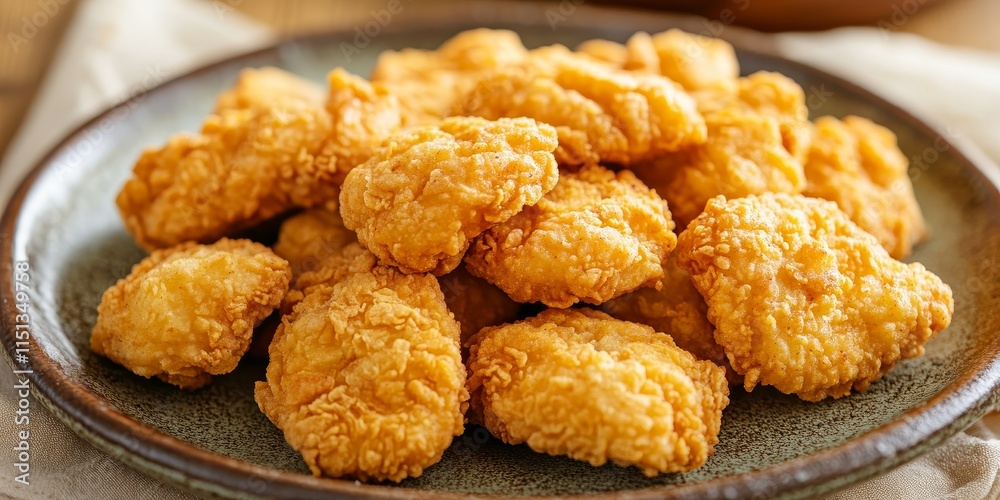 Close up view of delicious fried chicken nuggets served on a ceramic plate, showcasing the crispy golden texture of these mouthwatering fried chicken nuggets, perfect for any meal or snack.