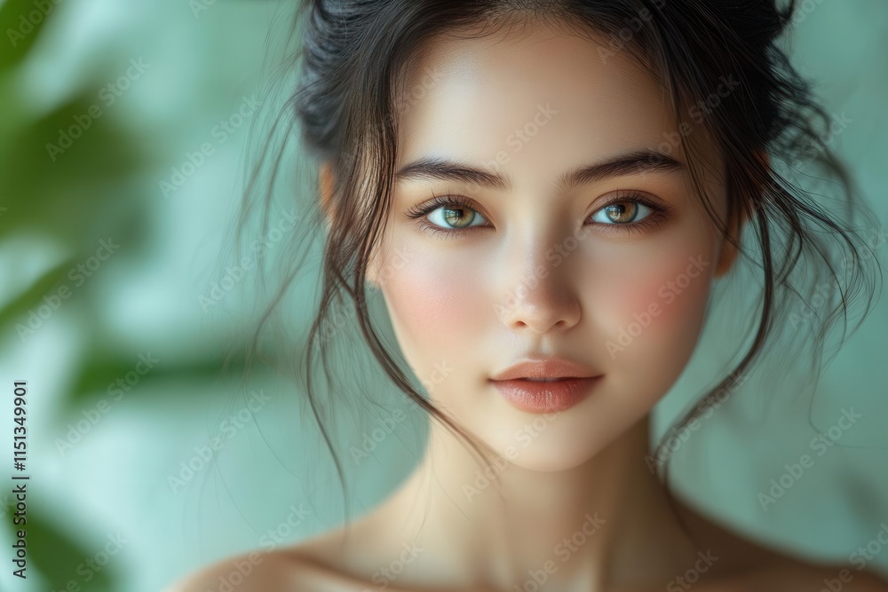 a serene portrait of an asian woman showcasing her radiant beauty and healthy skin, surrounded by elements symbolizing skincare and natural beauty, exuding confidence and grace a serene portrait of an asian woman showcasing her radiant beauty and healthy skin, surrounded by elements symbolizing skincare and natural beauty, exuding confidence and grace