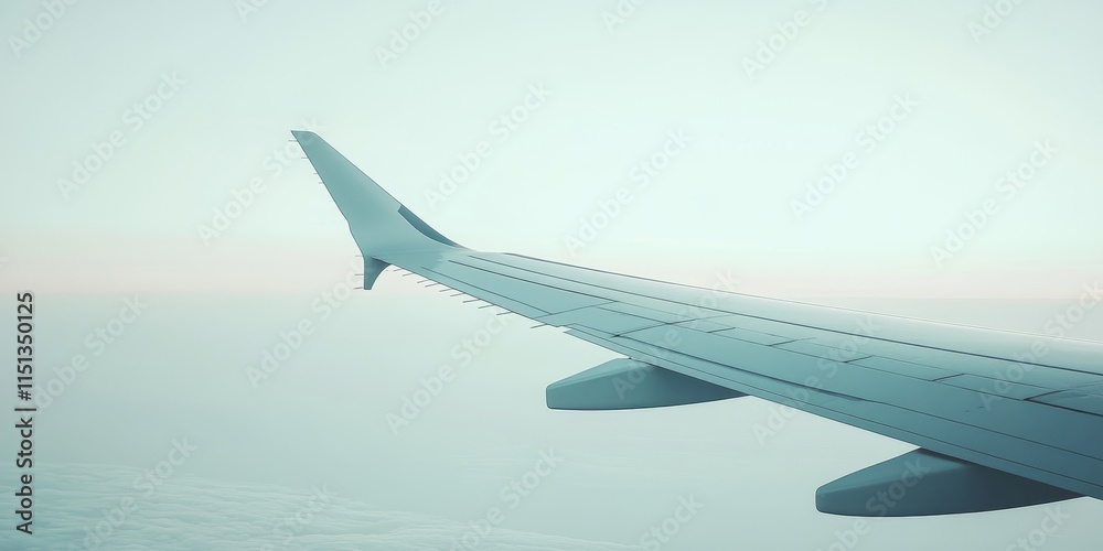 Obraz premium Wing of a plane soaring against a clear sky, highlighting the beauty of flight and the freedom of the open air. The plane s wing captures the essence of traveling through the sky.