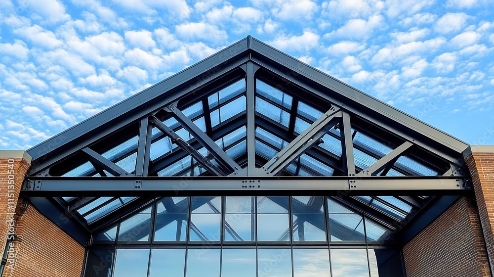 Obraz premium A photograph of an industrial steel roof with translucent and glass panels on the exterior wall