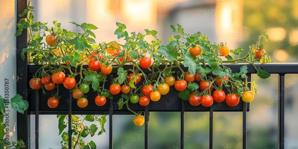 Ripe cherry tomatoes thriving in an urban balcony garden create a vibrant display, showcasing the beauty of cherry tomatoes in a limited space, perfect for gardening enthusiasts.