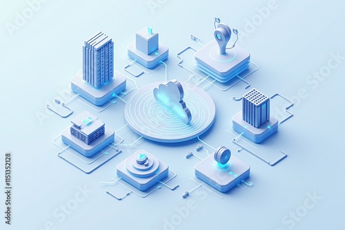 3D isometric illustration of a cloud hub connecting smart devices, servers, and systems, symbolizing a futuristic IoT ecosystem