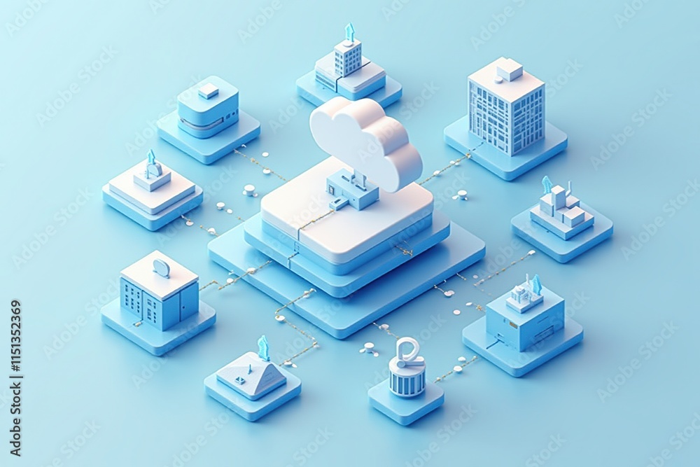 Obraz premium Cloud computing - A 3D illustration of a cloud computing network, showcasing data servers and interconnected devices in a minimalistic design.