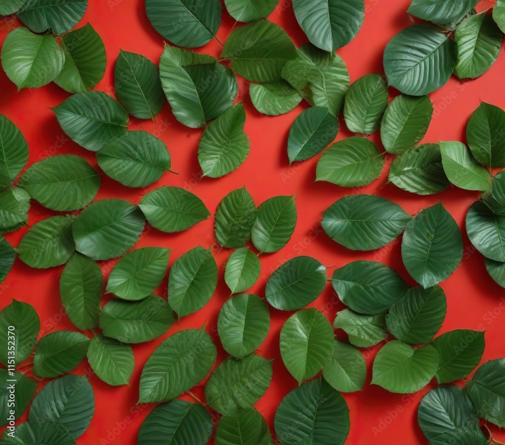 Obraz premium Fresh betel leaves arranged in a circular pattern on a vibrant red background, decorative plate, red background