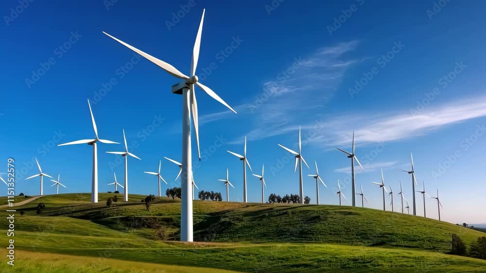 Wind turbine on grass field landscape. World environment and earth day concept. Wind turbine on grass field landscape. World environment and earth day concept.