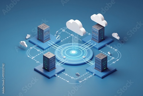 Cloud computing - A 3D illustration of a cloud computing network, showcasing data servers and interconnected devices in a minimalistic design.