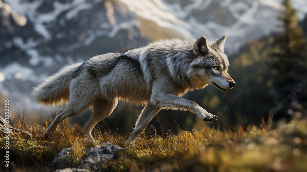 Fototapeta premium running wolf during mid-day in a mountain with a eye-level angle