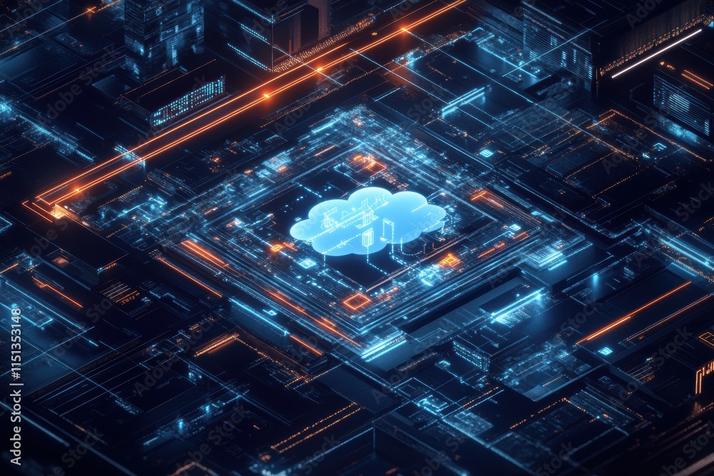 Futuristic cloud representation within a glowing blue and orange digital circuit, symbolizing advanced cloud computing technology. Futuristic cloud representation within a glowing blue and orange digital circuit, symbolizing advanced cloud computing technology.