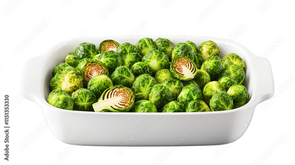 Fresh Brussels Sprouts in a White Baking Dish Ready for Cooking Fresh Brussels Sprouts in a White Baking Dish Ready for Cooking