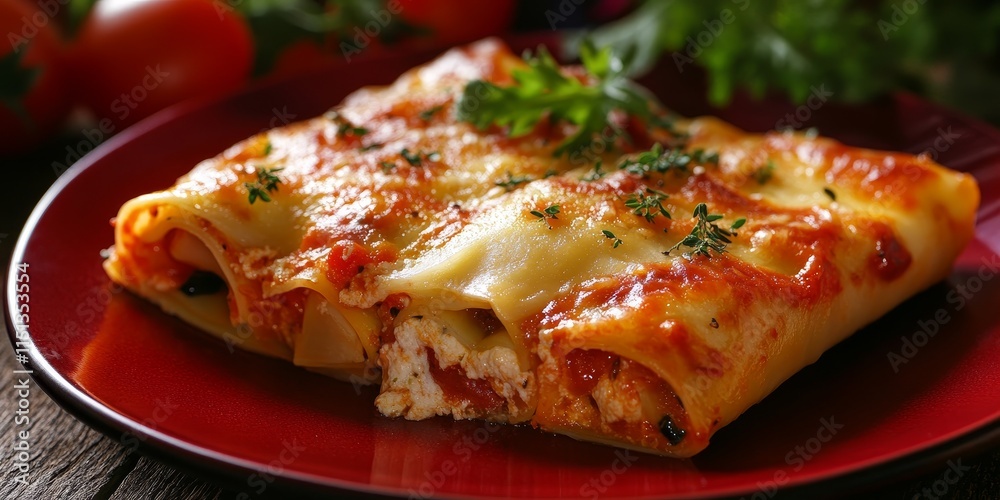 Cheese cannelloni presented with fresh vegetables on a vibrant red plate, showcasing a delightful cheese cannelloni dish that combines flavor and presentation beautifully. Cheese cannelloni presented with fresh vegetables on a vibrant red plate, showcasing a delightful cheese cannelloni dish that combines flavor and presentation beautifully.