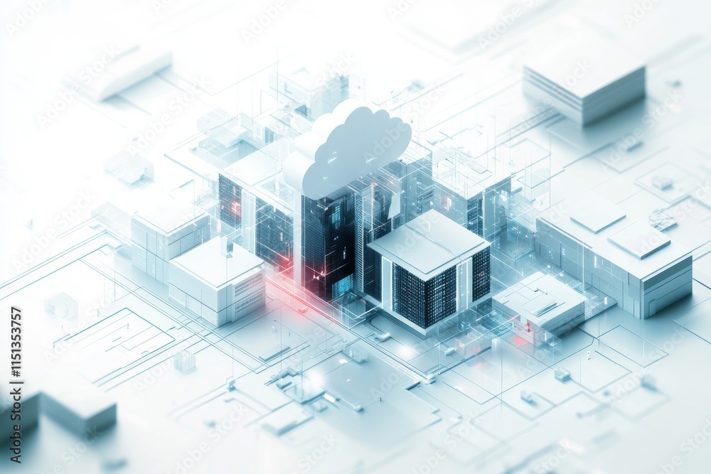 Fototapeta premium Cloud computing - A 3D illustration of a cloud computing network, showcasing data servers and interconnected devices in a minimalistic design.