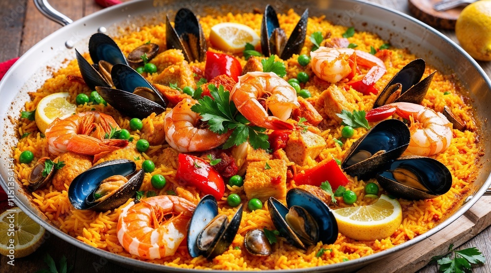 Close-up of a vibrant seafood paella, brimming with shrimp, mussels, and saffron rice. Aromatic and flavorful. Close-up of a vibrant seafood paella, brimming with shrimp, mussels, and saffron rice. Aromatic and flavorful.