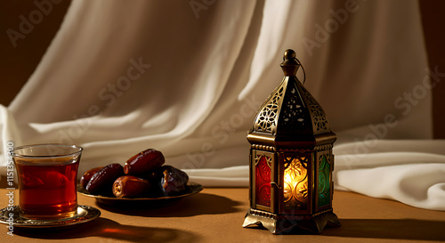 Cozy Ramadan Setting with Illuminated Lantern and Tea photo