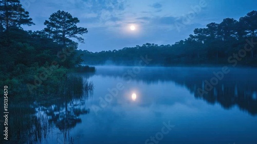 A reflective pond in the woods glowing softly under the moonlit sky, creating a peaceful scene.