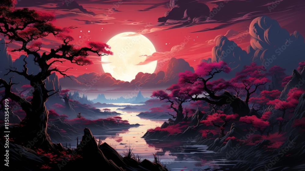 Crimson sunset, full moon, river, dark trees, rocky landscape. Crimson sunset, full moon, river, dark trees, rocky landscape.